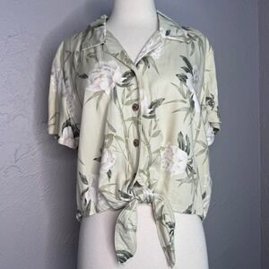 Havana Jack's Cafe XL Women's cropped tie Hawaiian shirt white tropical flowers